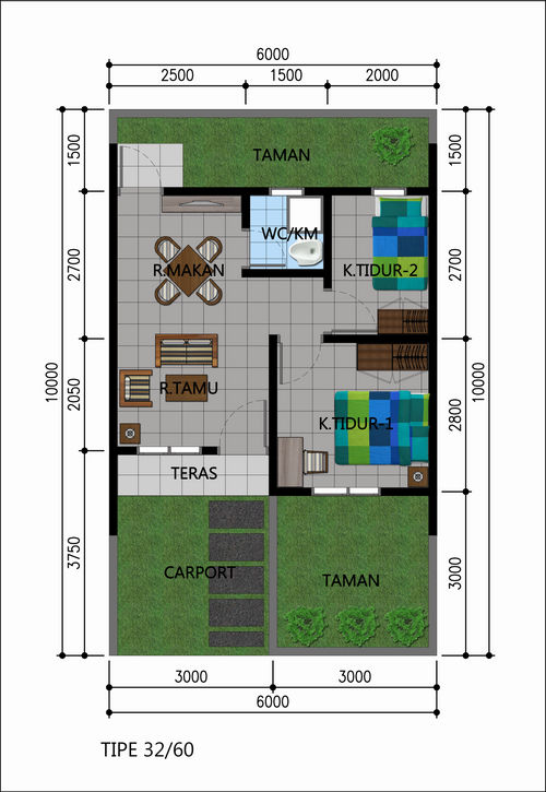 foto denah rumah tipe 32/60 perumahan Malika Cadasari Residence