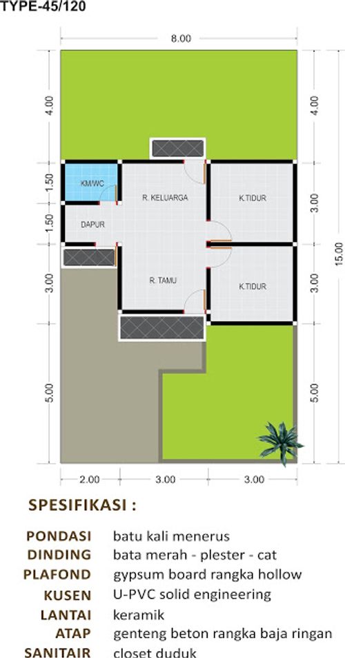 foto denah rumah tipe 45/120 perumahan Perumnas Pondok Indah Cianjur