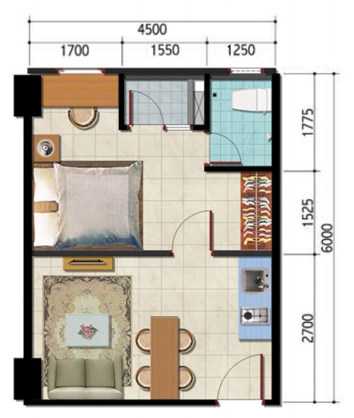 foto denah rumah tipe 1 Bedroom-A/B perumahan Perumnas Sentraland Cengkareng