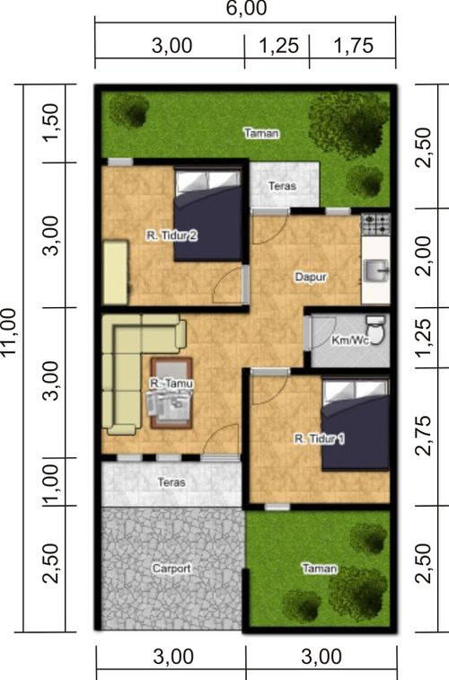 foto denah rumah tipe 36 perumahan GREEN VILLAGE SUMBER