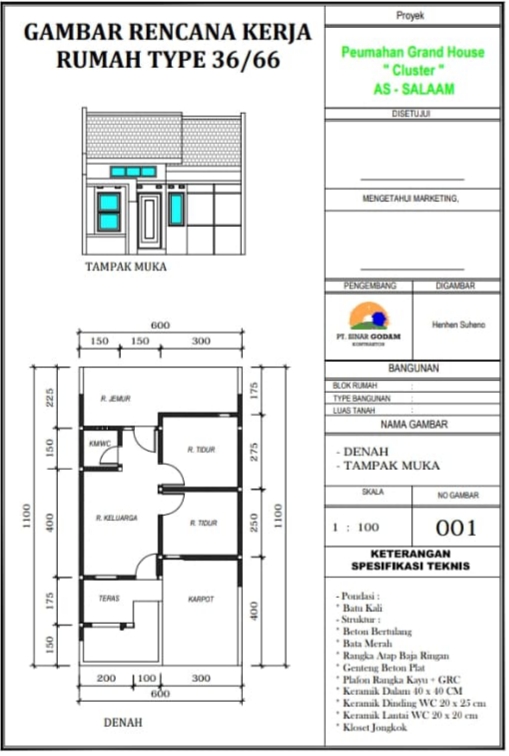 foto denah rumah tipe 36/66 perumahan GRAND HOUSE RESIDENCE CLUSTER AS-SALAAM