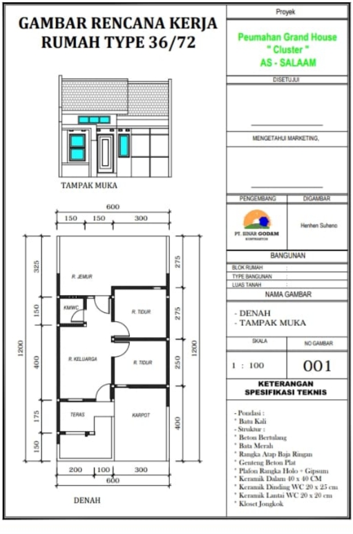 foto denah rumah tipe 36/72 perumahan GRAND HOUSE RESIDENCE CLUSTER AS-SALAAM
