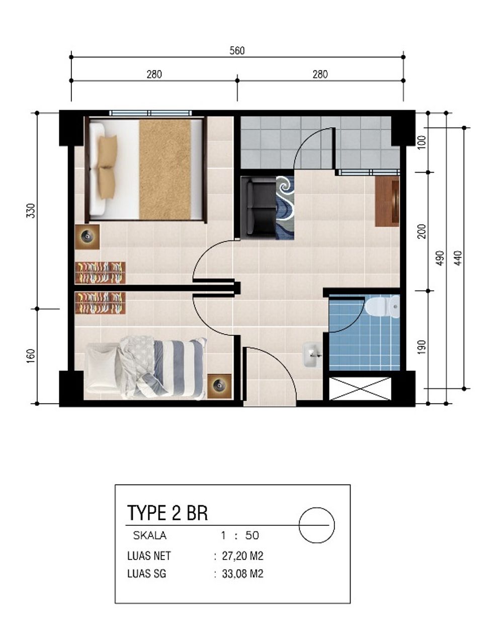 foto denah rumah tipe 2BR perumahan Sentraland Jakabaring
