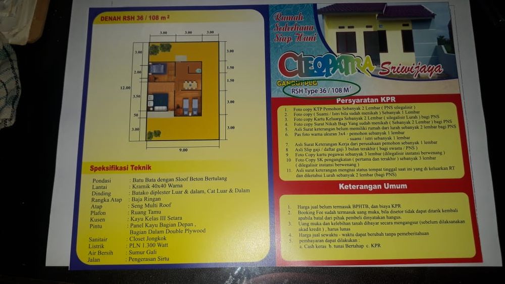 foto denah rumah tipe RHS 36 perumahan CLEOPATRA SRIWIJAYA