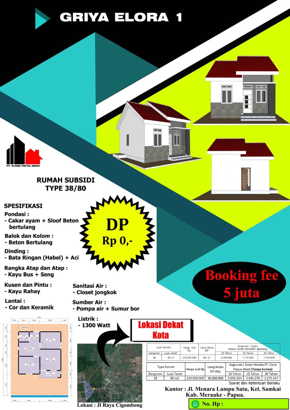 foto denah rumah tipe 36 perumahan MBR GRIYA ELORA 1