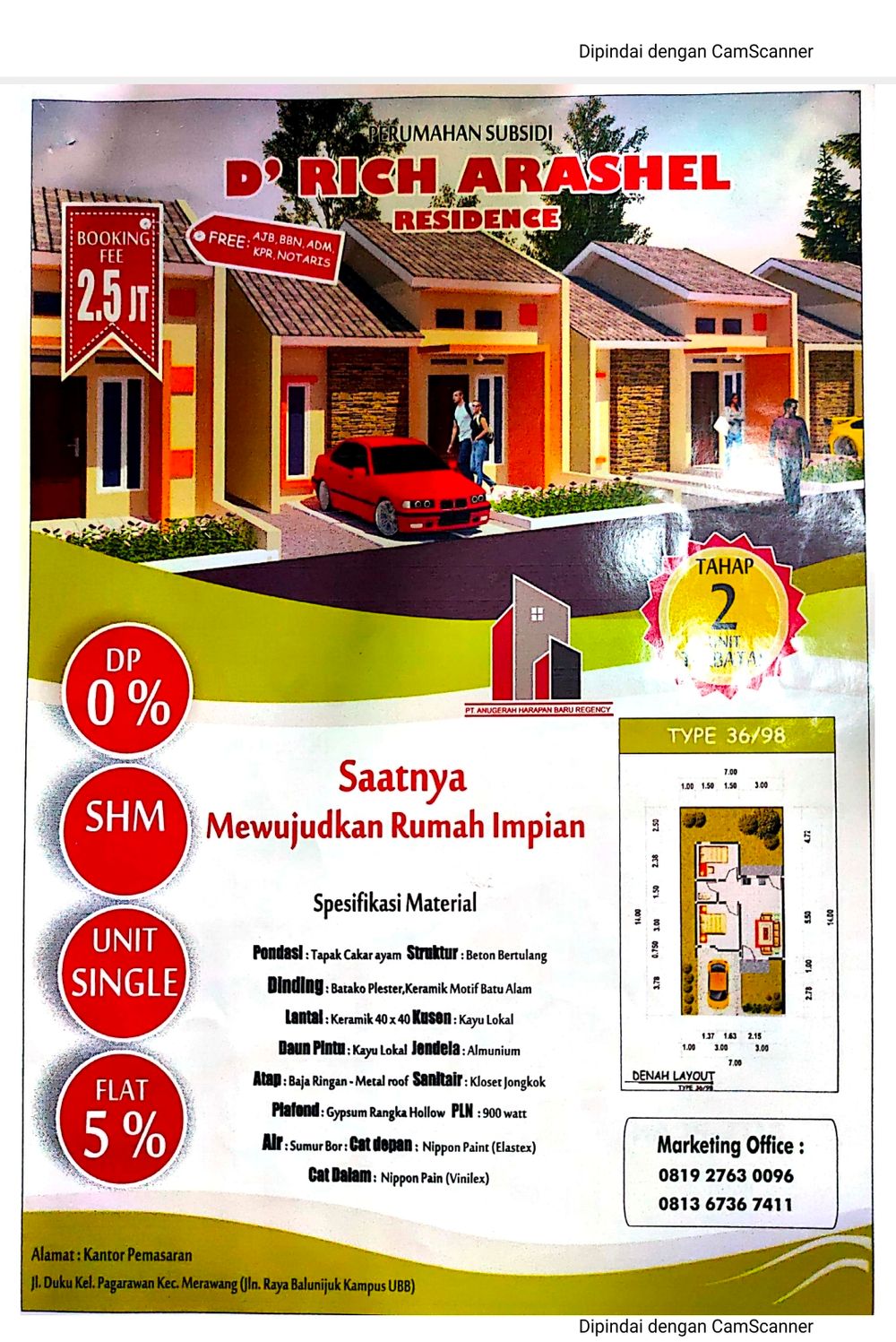 foto tampak rumah tipe RHS 36 perumahan D'RICH ARASEL RESIDENCE