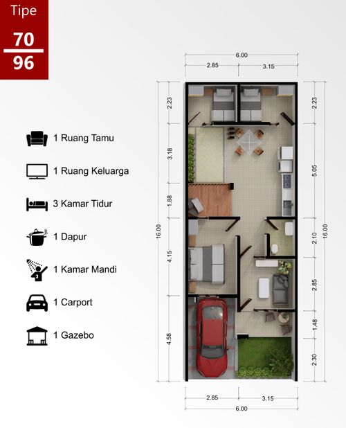 foto denah rumah tipe 70/96 perumahan SANTIKA LAND