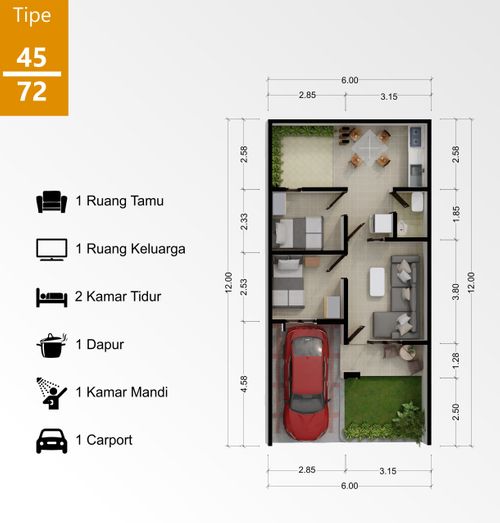 foto denah rumah tipe 45/72 perumahan SANTIKA LAND