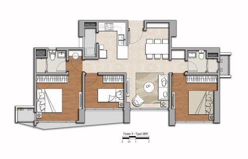 foto denah rumah tipe Tower 5-F 3 BR Deluxe perumahan Apartement Marigold