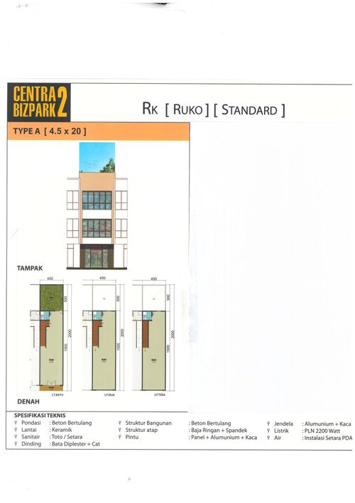 foto denah rumah tipe Ruko 4.5 x 20 perumahan Centra Bizpark 2