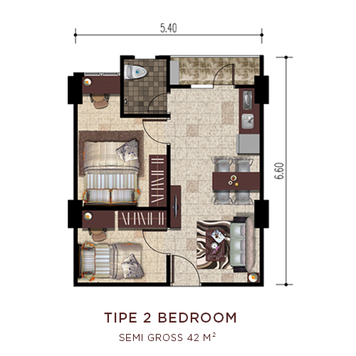 foto denah rumah tipe 2 BR OS perumahan OAK TOWER APARTMENT