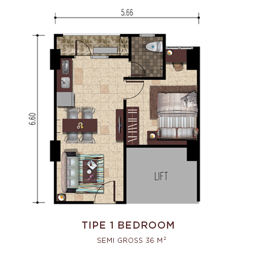 foto denah rumah tipe 1 BR OS perumahan OAK TOWER APARTMENT