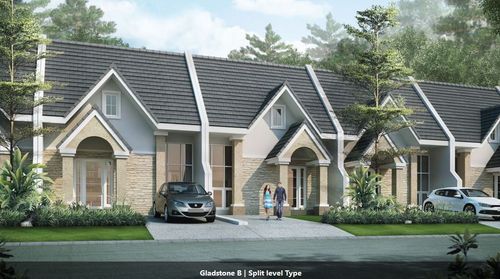 foto tampak rumah tipe GLADSTONE B SPLITLEVEL perumahan ROYAL TAJUR RESIDENCE, CLUSTER AVEBURY