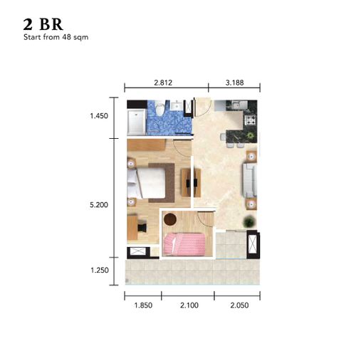 foto denah rumah tipe 2 Bedroom perumahan Daan Mogot City