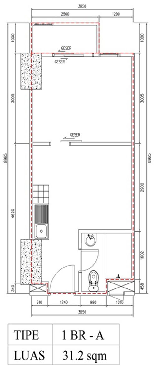 foto denah rumah tipe 1 BR A (B01-09) perumahan Bintaro Plaza Residence Tower Breeze