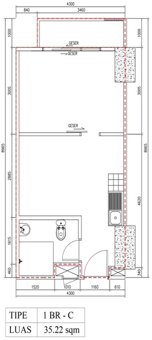 foto denah rumah tipe 1 BR C (B09-08) perumahan Bintaro Plaza Residence Tower Breeze