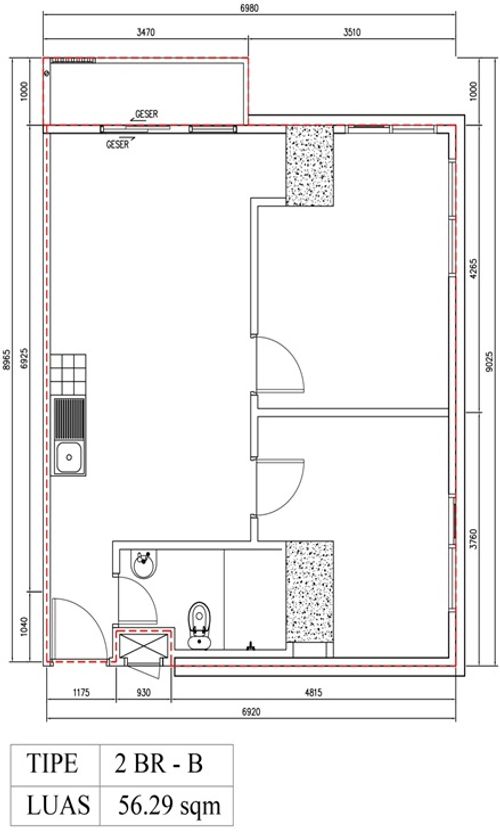 foto denah rumah tipe 2 BR B (B35-16) perumahan Bintaro Plaza Residence Tower Breeze