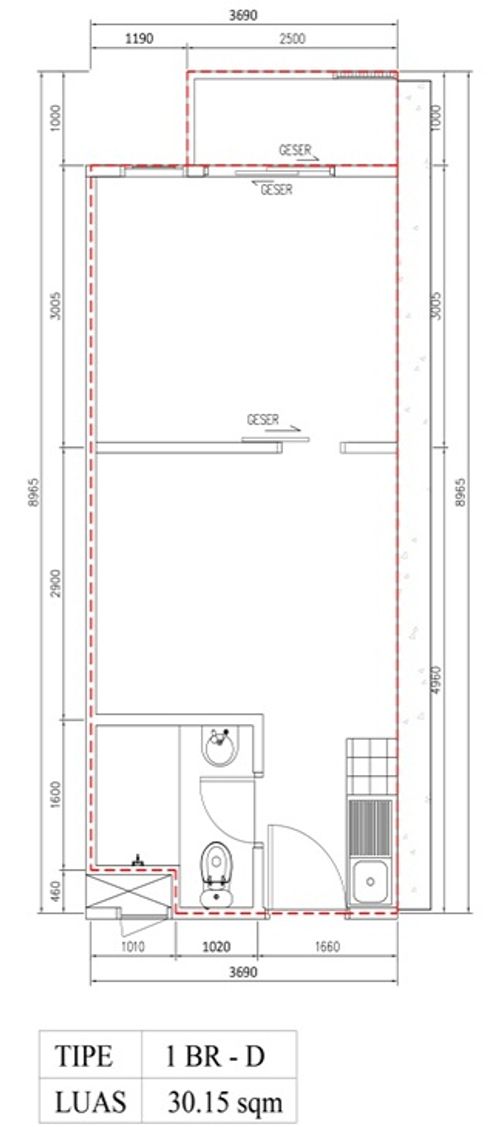 foto denah rumah tipe 1 BR D (B27-10) perumahan Bintaro Plaza Residence Tower Breeze