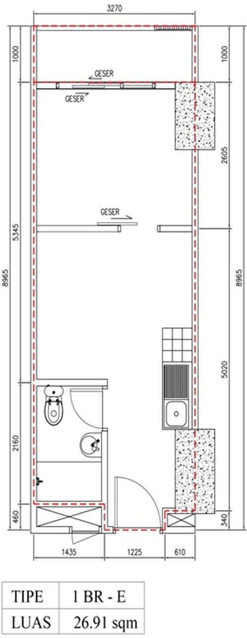 foto denah rumah tipe 1 BR E (B28-12) perumahan Bintaro Plaza Residence Tower Breeze