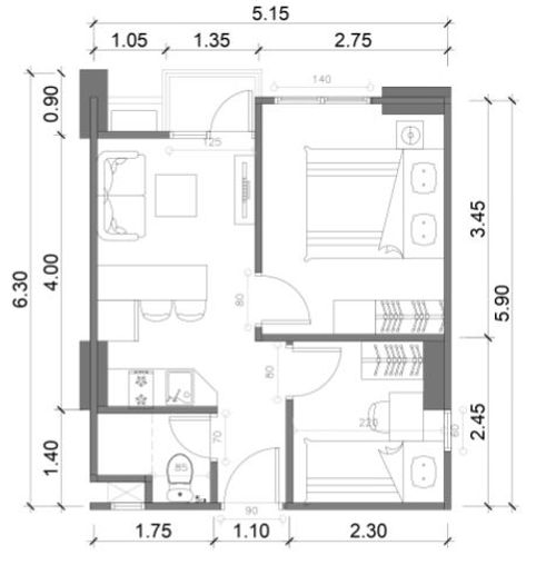 foto denah rumah tipe CORDIA - 2 BEDROOM CORNER perumahan APARTEMEN PODOMORO GOLF VIEW