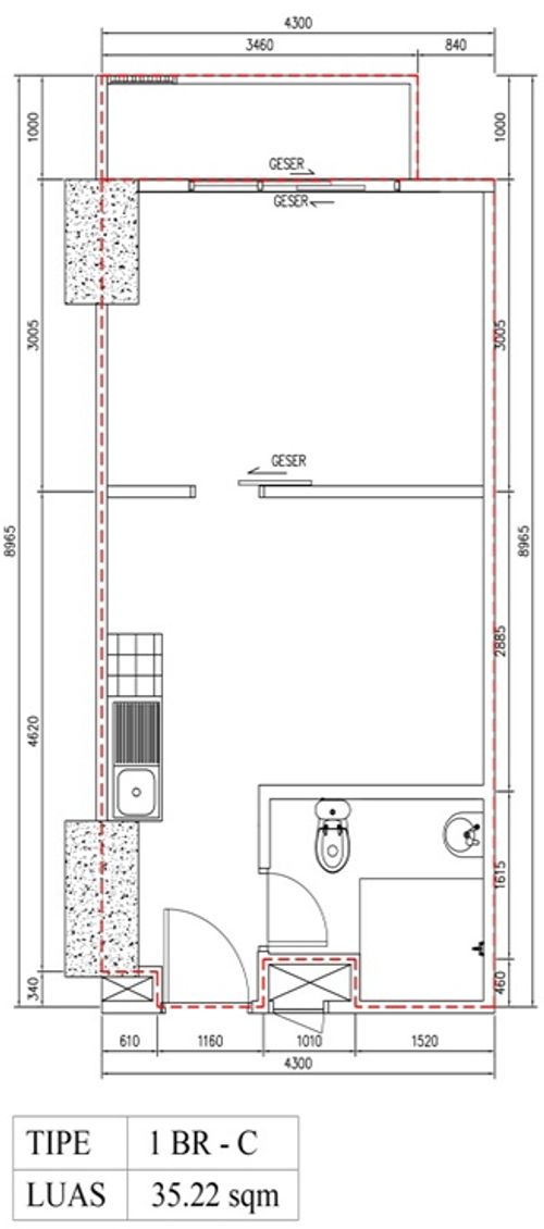 foto denah rumah tipe 1 BR C (B12-09) perumahan Bintaro Plaza Residence Tower Breeze