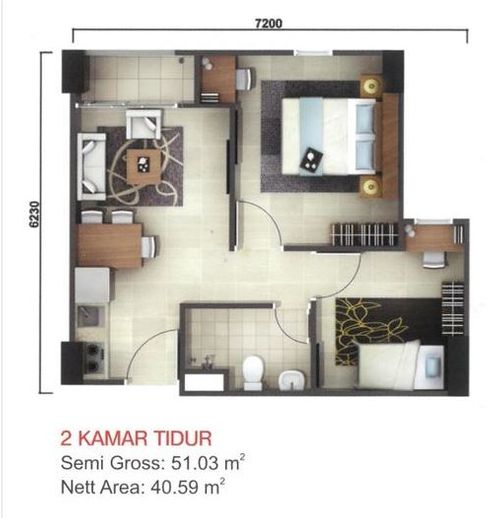 foto denah rumah tipe 2BR (Kirana) Sky Garden perumahan AKASA APARTMENT