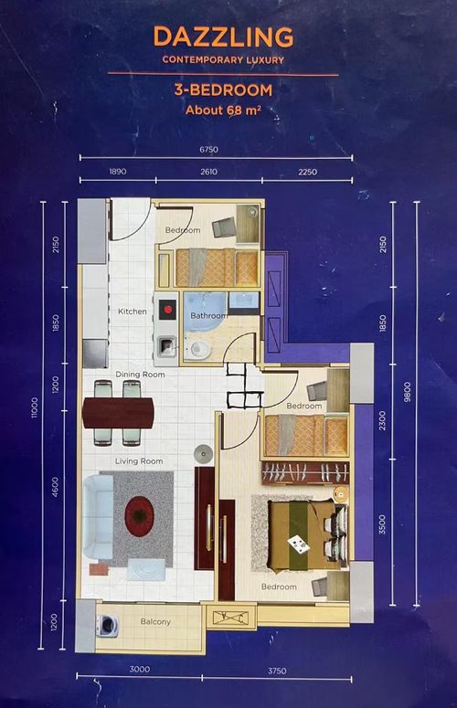 foto denah rumah tipe 3 Bedroom 68 sqm perumahan Apartemen Sky House BSD