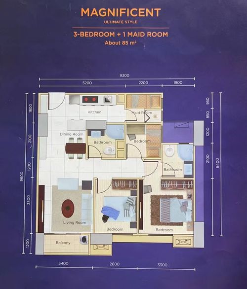 foto denah rumah tipe 3 Bedroom + Maidroom 85 sqm perumahan Apartemen Sky House BSD