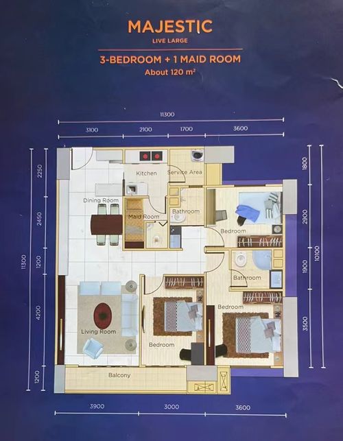 foto denah rumah tipe 3 Bedroom + Maidroom 120 sqm perumahan Apartemen Sky House BSD