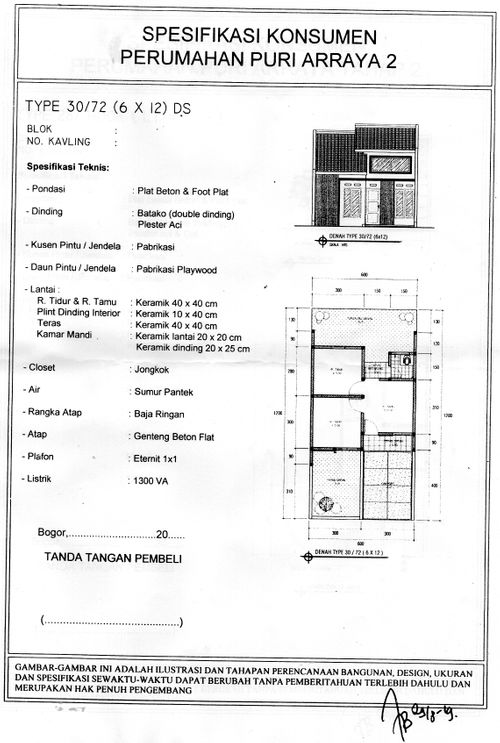 foto denah rumah tipe 30/72 perumahan PURI ARRAYA 1