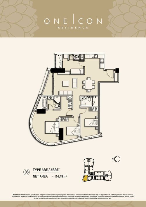 foto denah rumah tipe 3BE / 3BRE* perumahan TOWER ONE ICON, SUPERBLOK TUNJUNGAN CITY