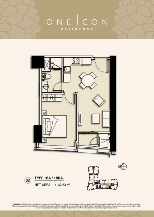 foto denah rumah tipe 1BA / 1BRA. perumahan TOWER ONE ICON, SUPERBLOK TUNJUNGAN CITY