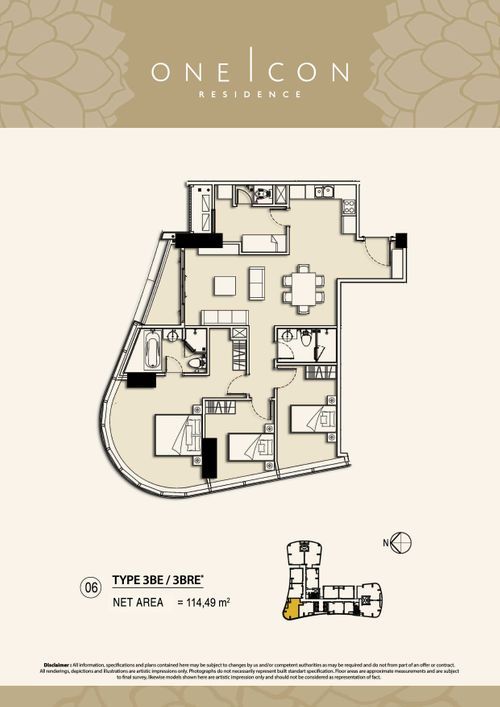 foto denah rumah tipe 3BE / 3BRE* perumahan TOWER ONE ICON, SUPERBLOK TUNJUNGAN CITY
