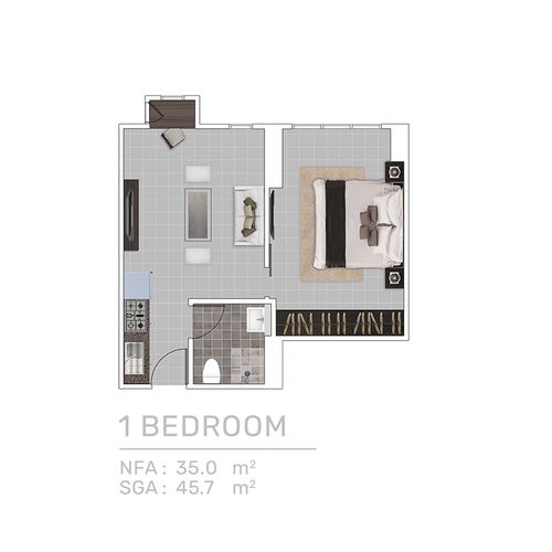 foto denah rumah tipe 1 BED ROOM - CORNELL perumahan APARTEMEN CORNELL & DENVER CITRALAND