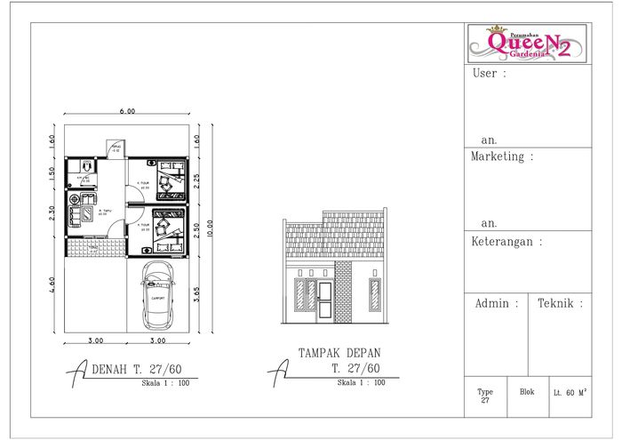 foto denah rumah tipe 27 perumahan Queen GARDENIA 2 ROSE