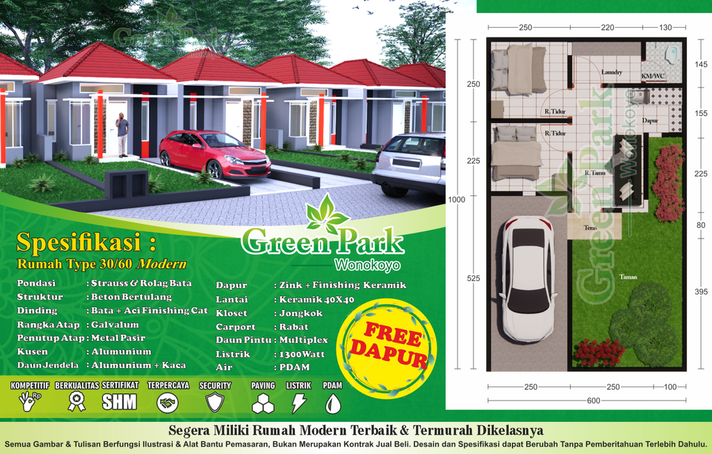 foto denah rumah tipe 30/60 perumahan GREEN PARK WONOKOYO III