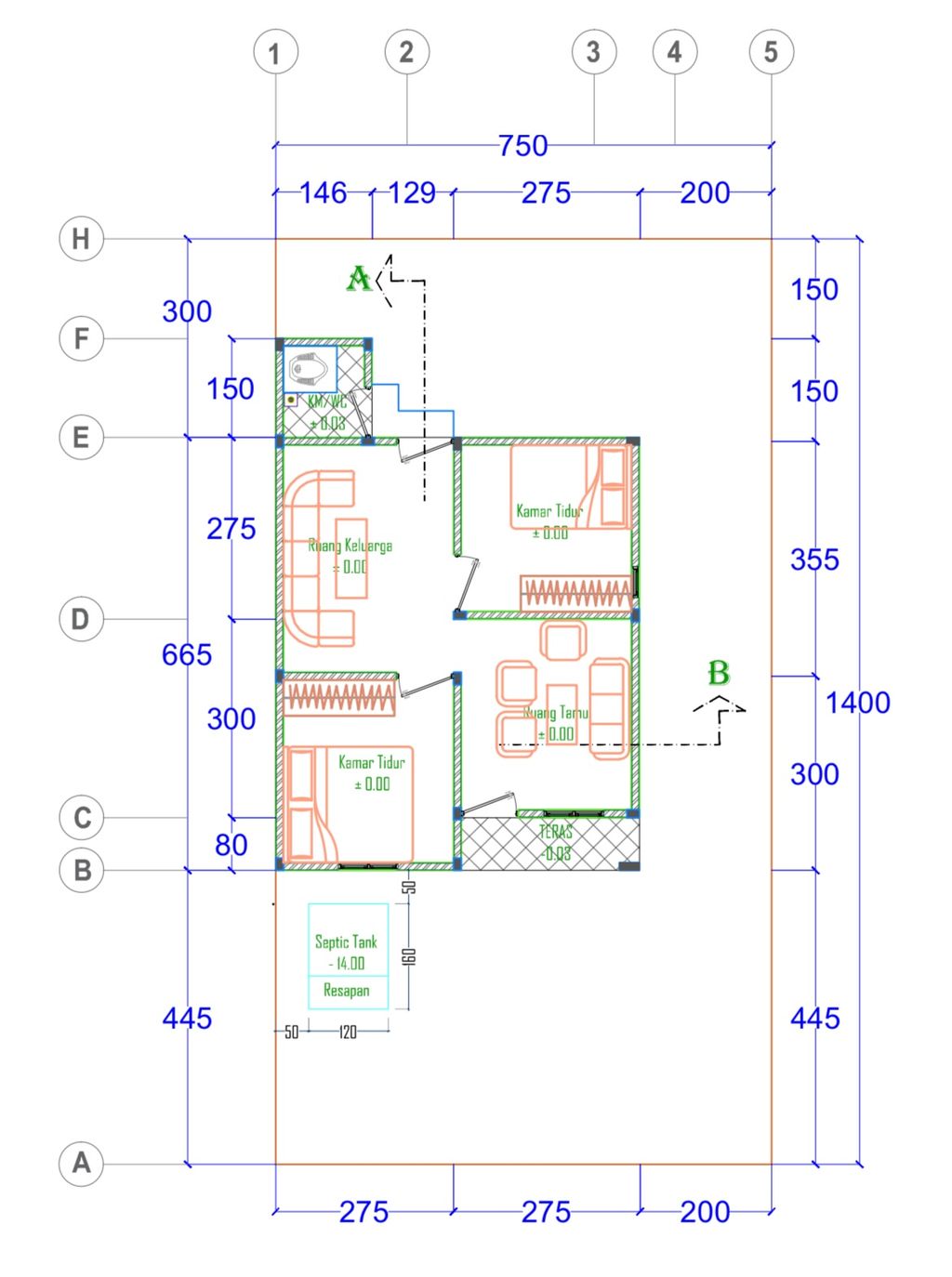foto denah rumah tipe 36 (7.5m x 14m) perumahan BORNEO RESIDENCE 3