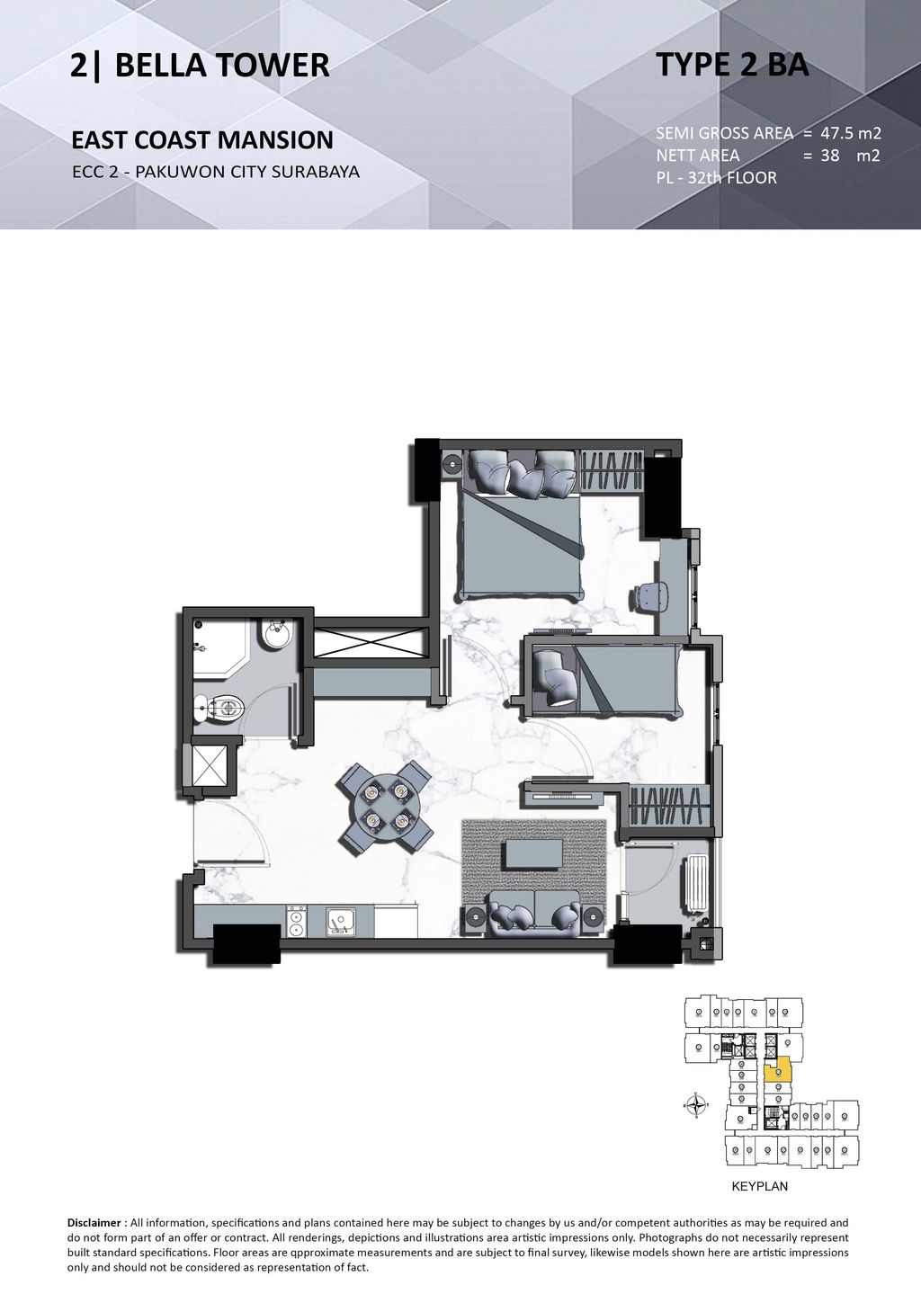 foto denah rumah tipe 2 BA perumahan TOWER BELLA, EAST COAST MANSION