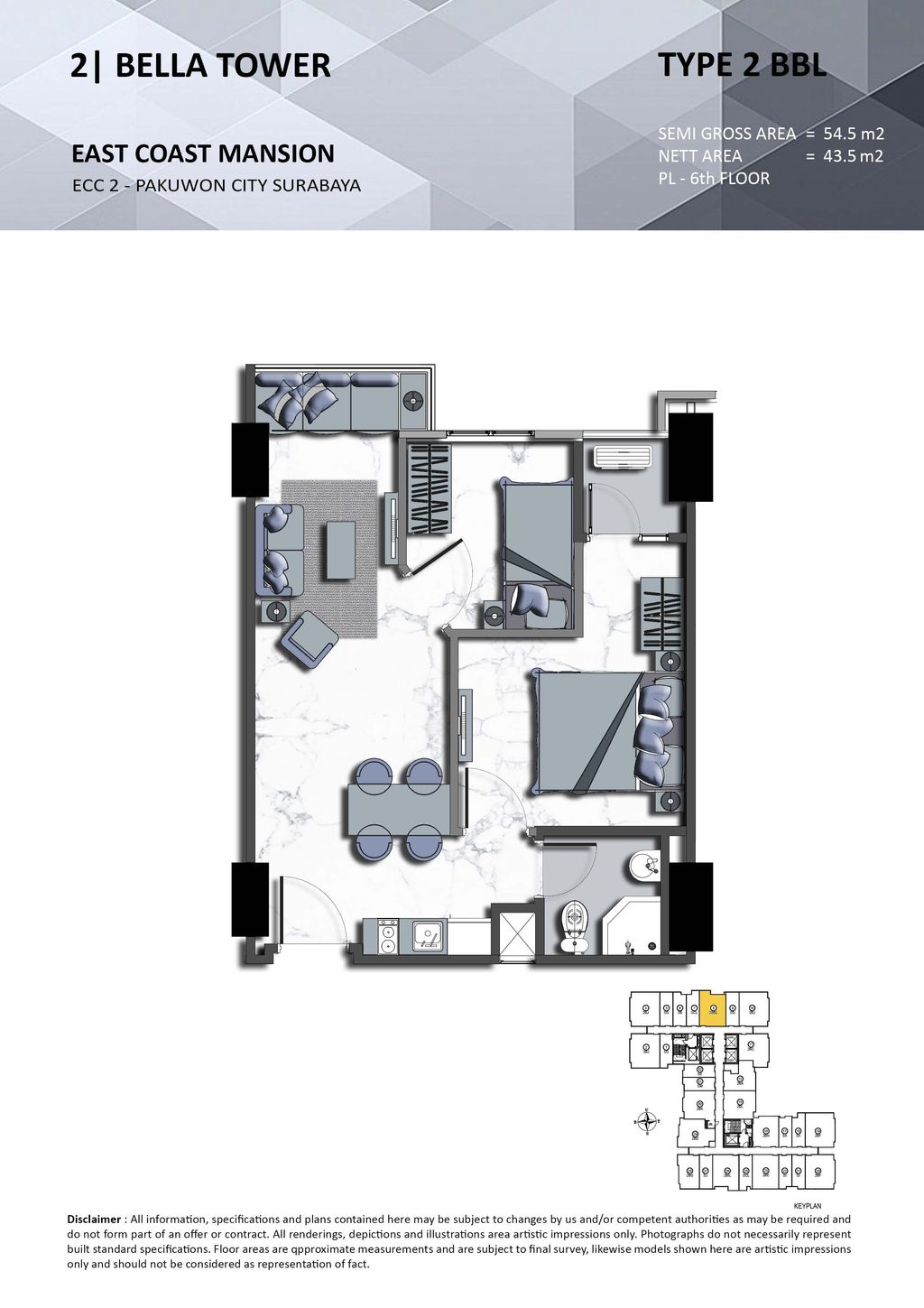 foto denah rumah tipe 2 BBL perumahan TOWER BELLA, EAST COAST MANSION