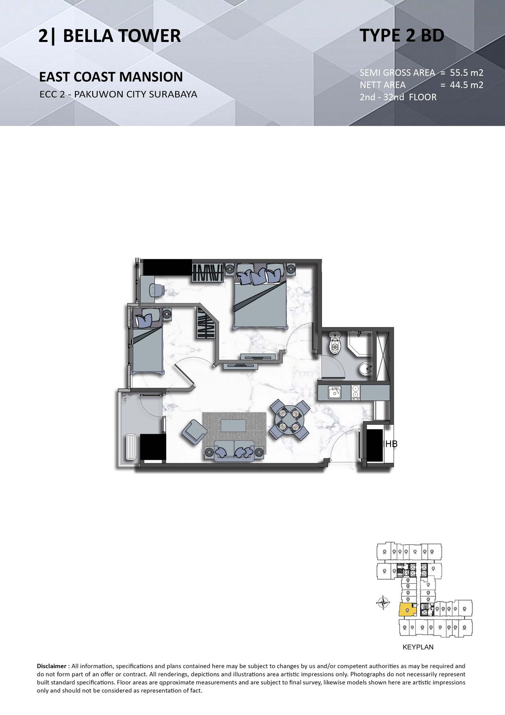 foto denah rumah tipe 2 BD perumahan TOWER BELLA, EAST COAST MANSION
