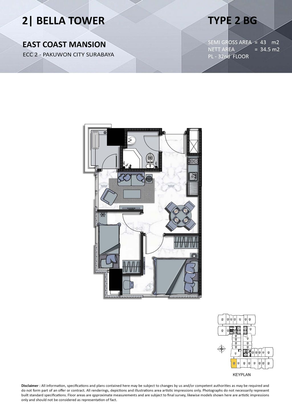 foto denah rumah tipe 2 BG perumahan TOWER BELLA, EAST COAST MANSION