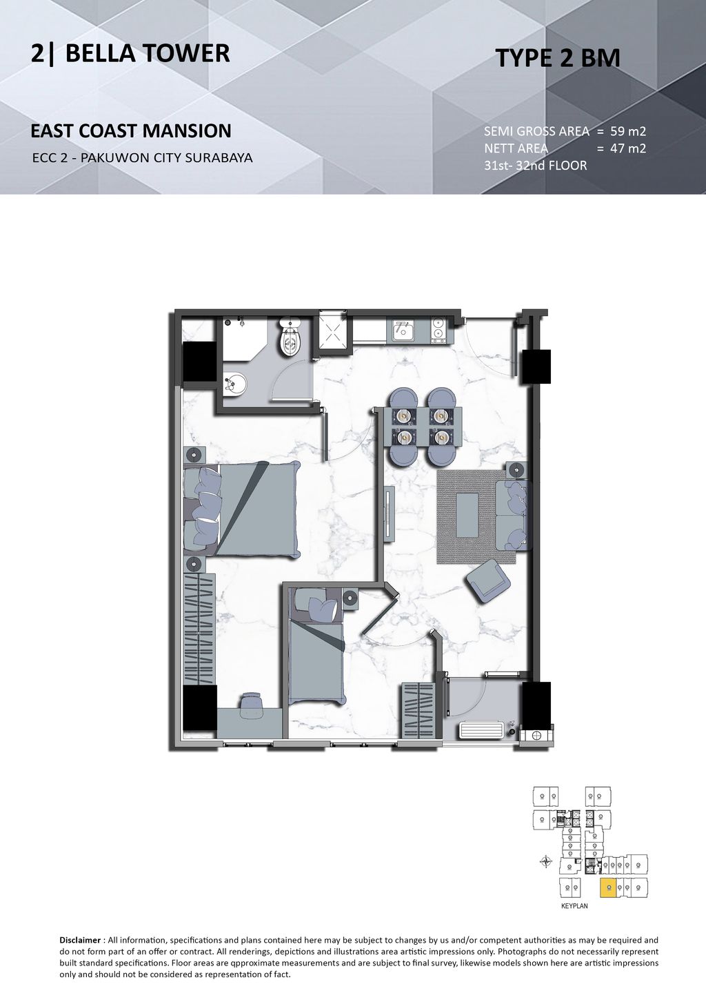 foto denah rumah tipe 2 BM perumahan TOWER BELLA, EAST COAST MANSION