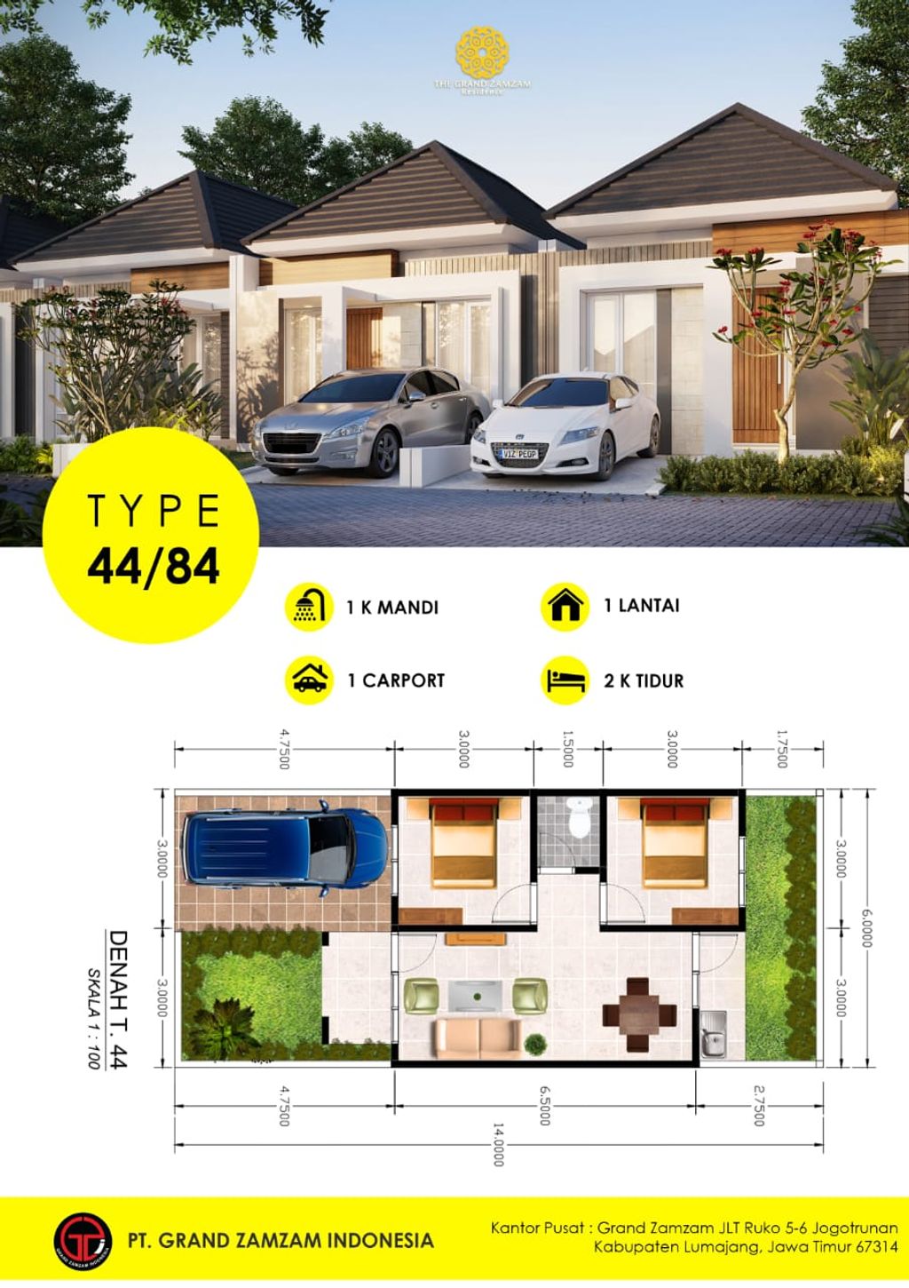 foto denah rumah tipe 44 M2 perumahan THE GRAND ZAMZAM RESIDENCE "BOULEVARD CLUSTER" TAHAP 3