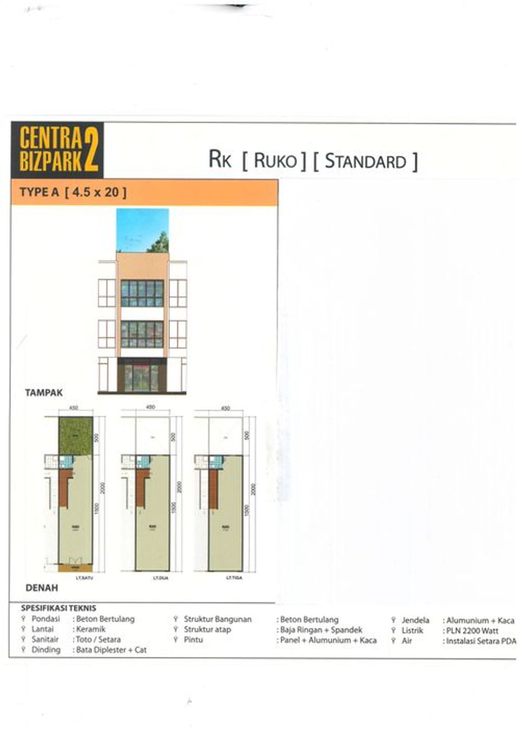foto denah rumah tipe Ruko 4.5 x 20 (2023) perumahan Centra Bizpark 2