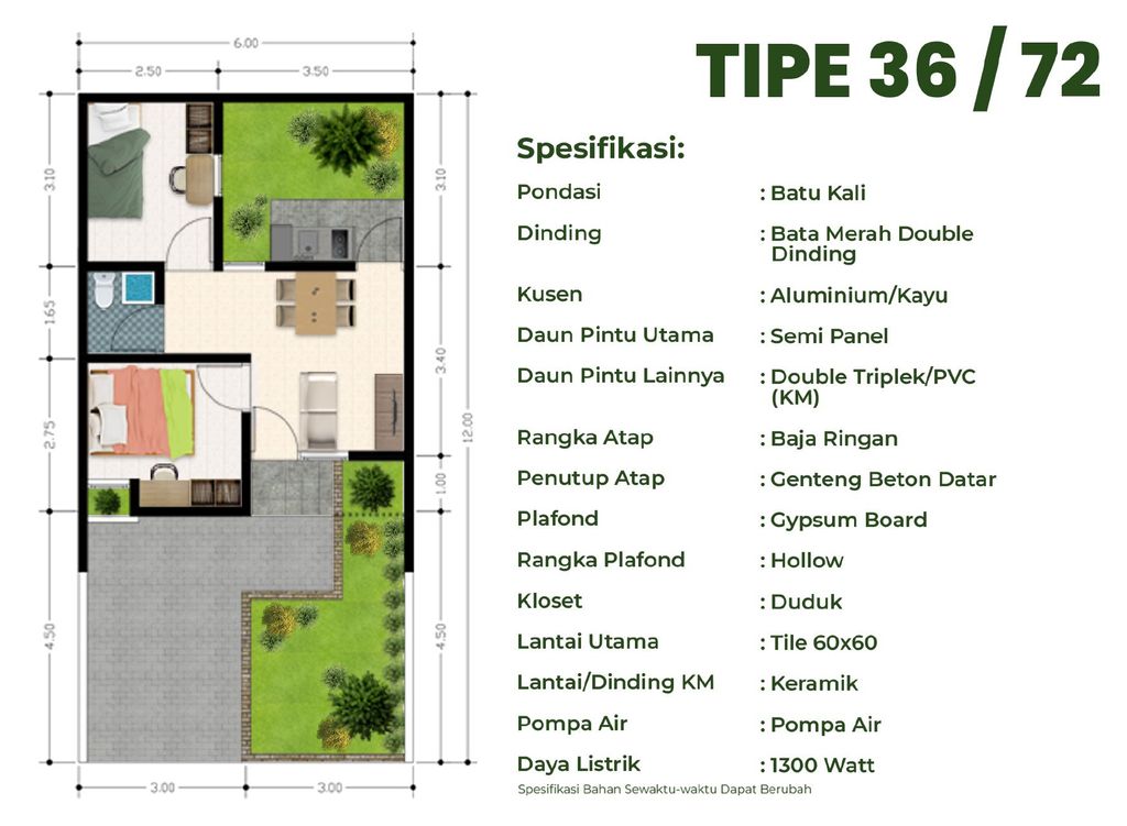 foto denah rumah tipe 36/72 perumahan Permata Daru