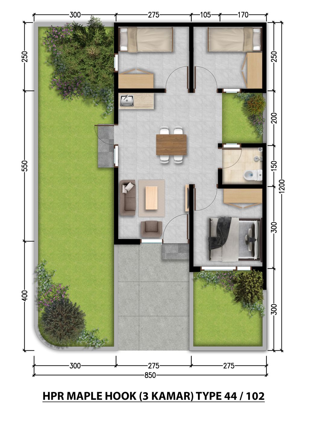 foto denah rumah tipe MAPLE T44 HOOK 659.000.000 perumahan HARMONI PARK RESIDENCE