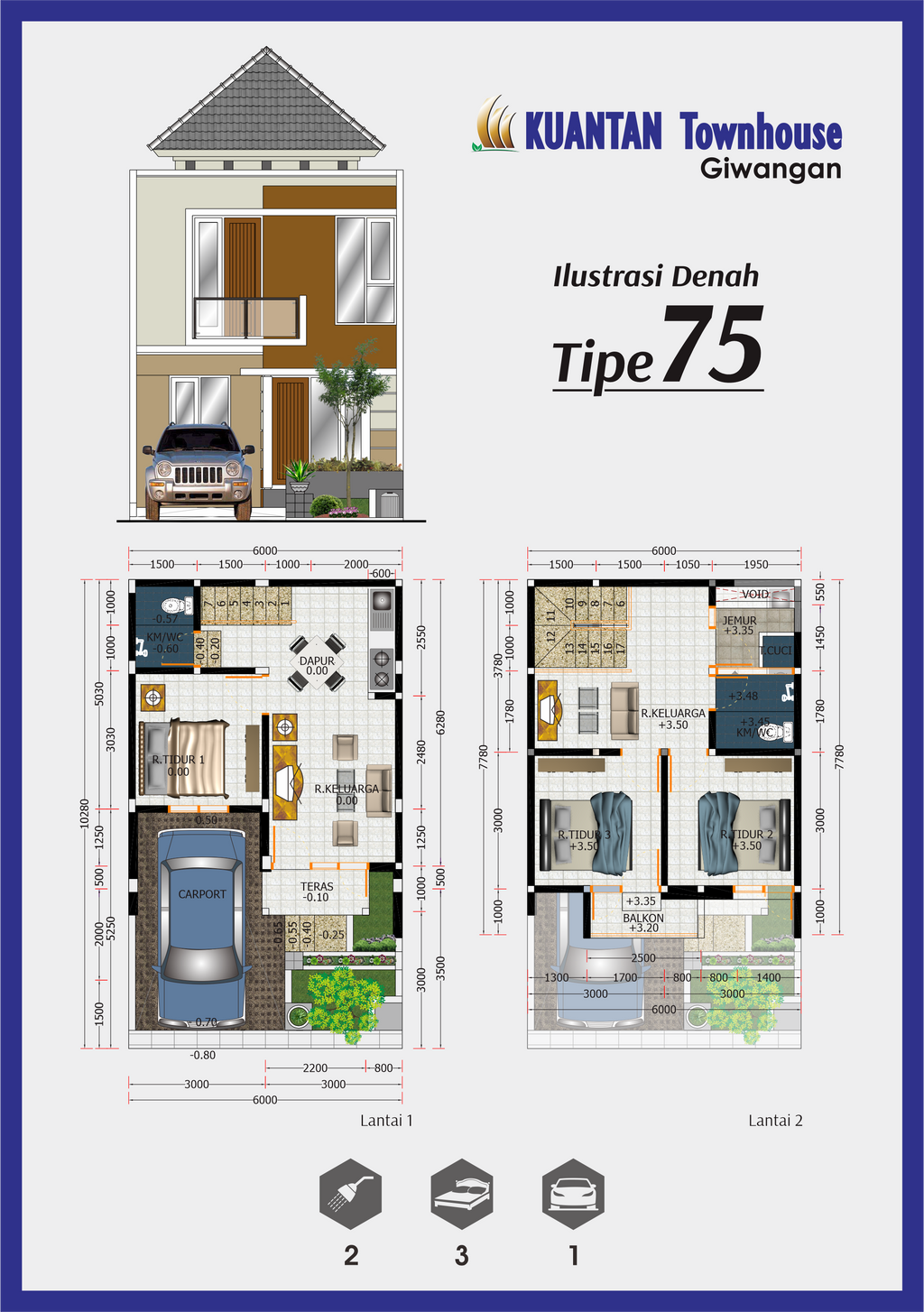foto tampak rumah tipe 75 perumahan KUANTAN TOWNHOUSE GIWANGAN