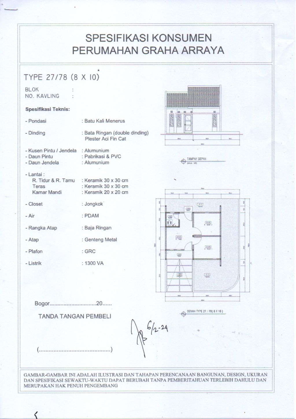 foto denah rumah tipe 27/78 (2024) perumahan Graha Arraya