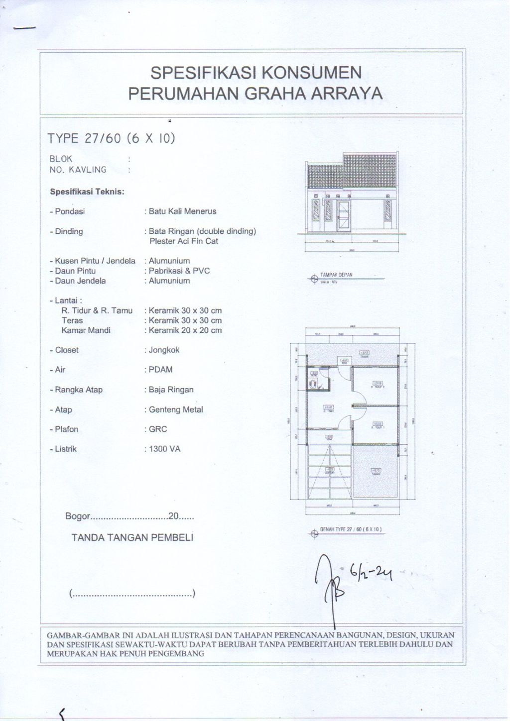 foto denah rumah tipe 27/60(cash komersil) perumahan Graha Arraya