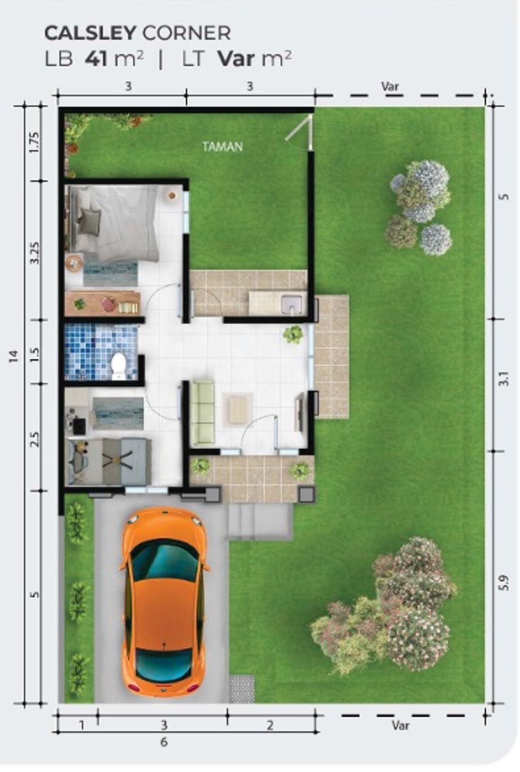 foto denah rumah tipe CALSLEY CORNER perumahan ROYAL TAJUR RESIDENCE, CLUSTER DUNSTER